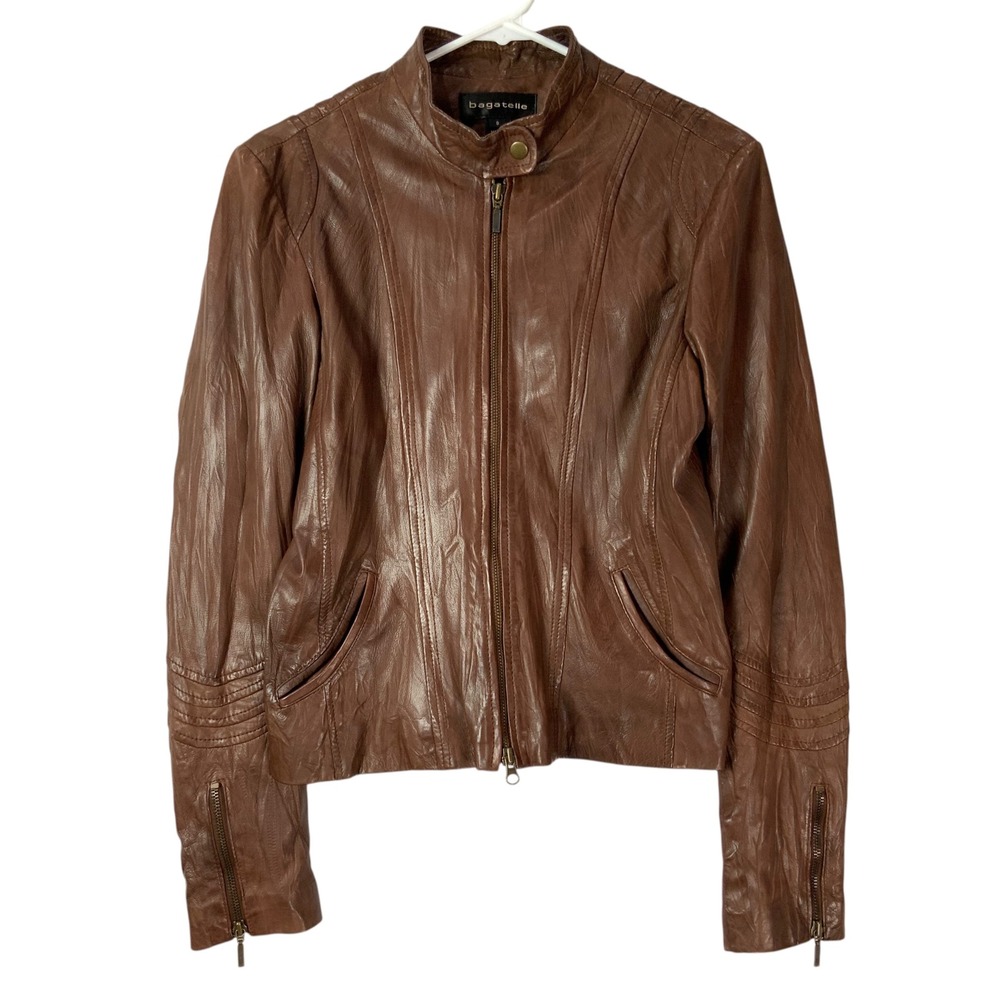 Bagatelle Brown Leather Moto Jacket 8 Zip Mock Neck Long Sleeve Quilted Detail